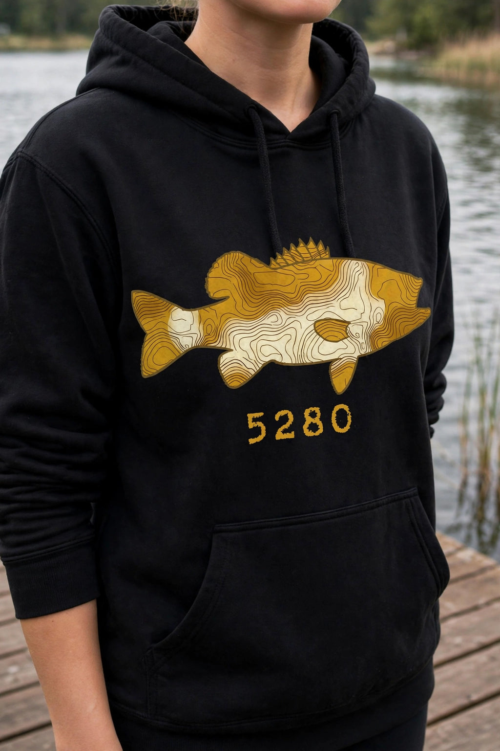 Topo Largemouth Bass hoodie worn — Black (dock)