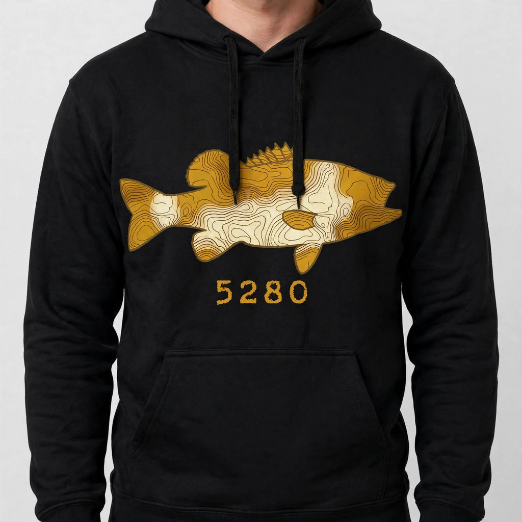 Topo Largemouth Bass hoodie worn — Black (studio)