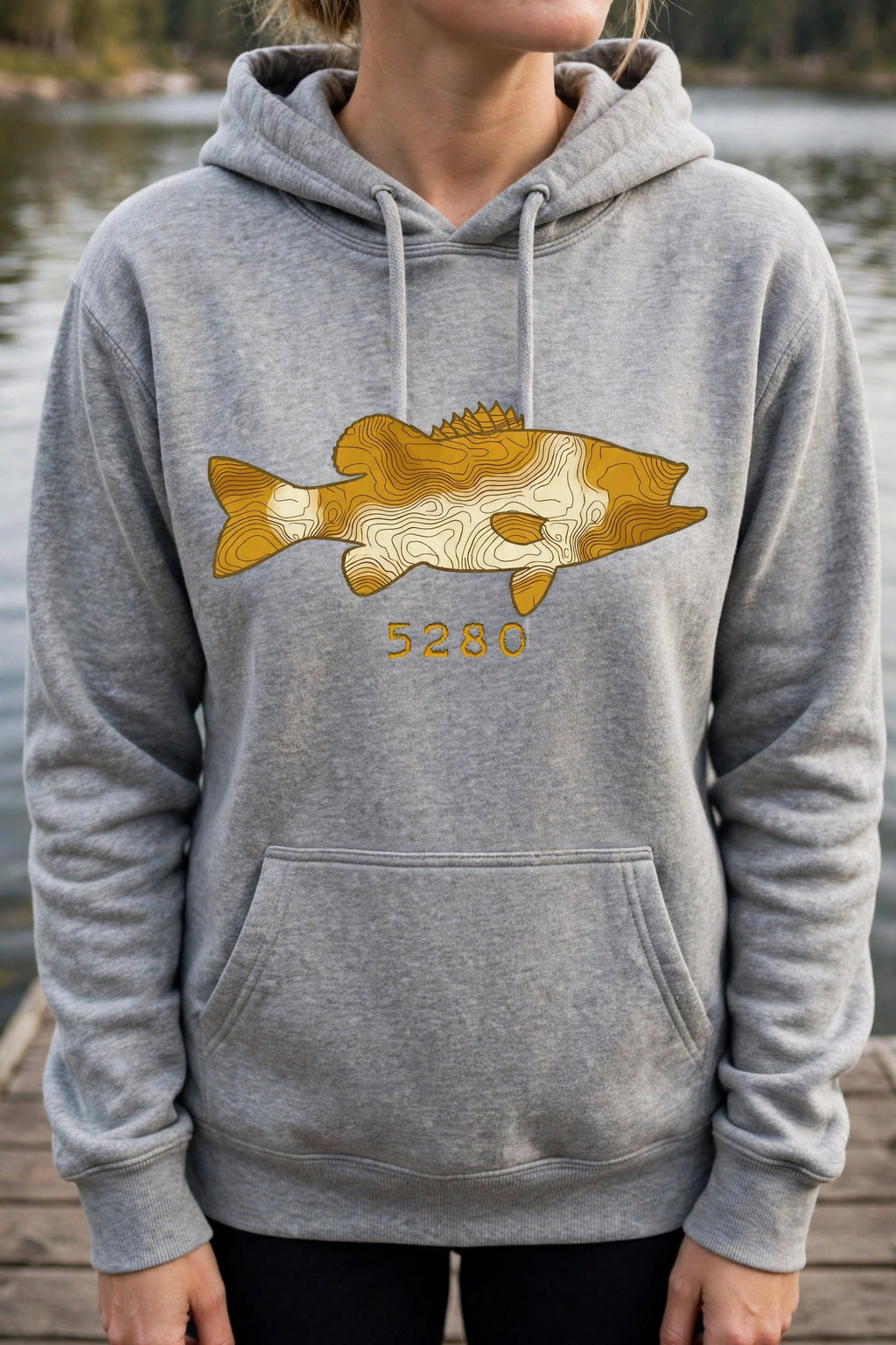 Topo Largemouth Bass hoodie worn — Gray (dock)