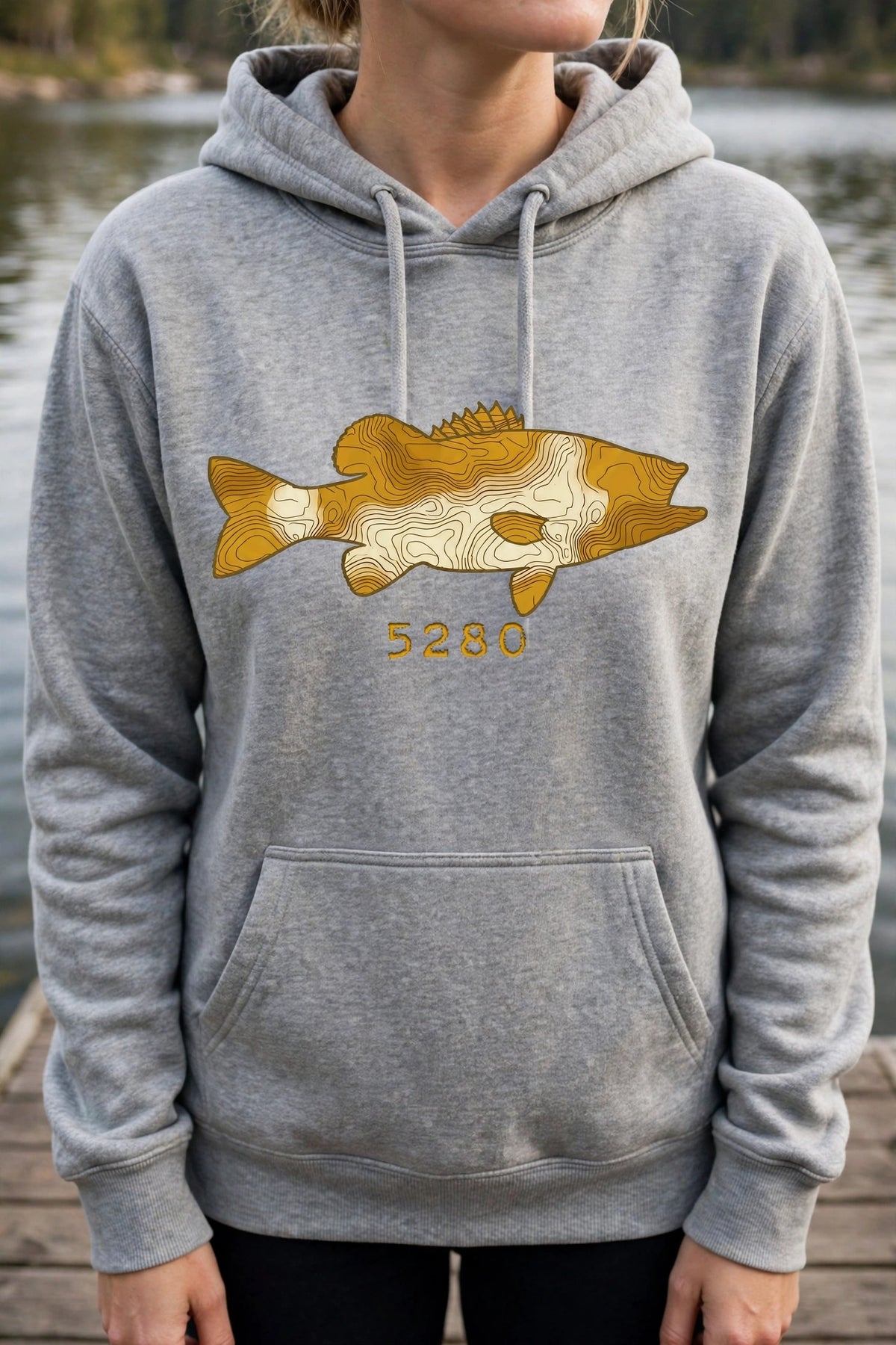 Topo Largemouth Bass hoodie worn — Gray (dock)