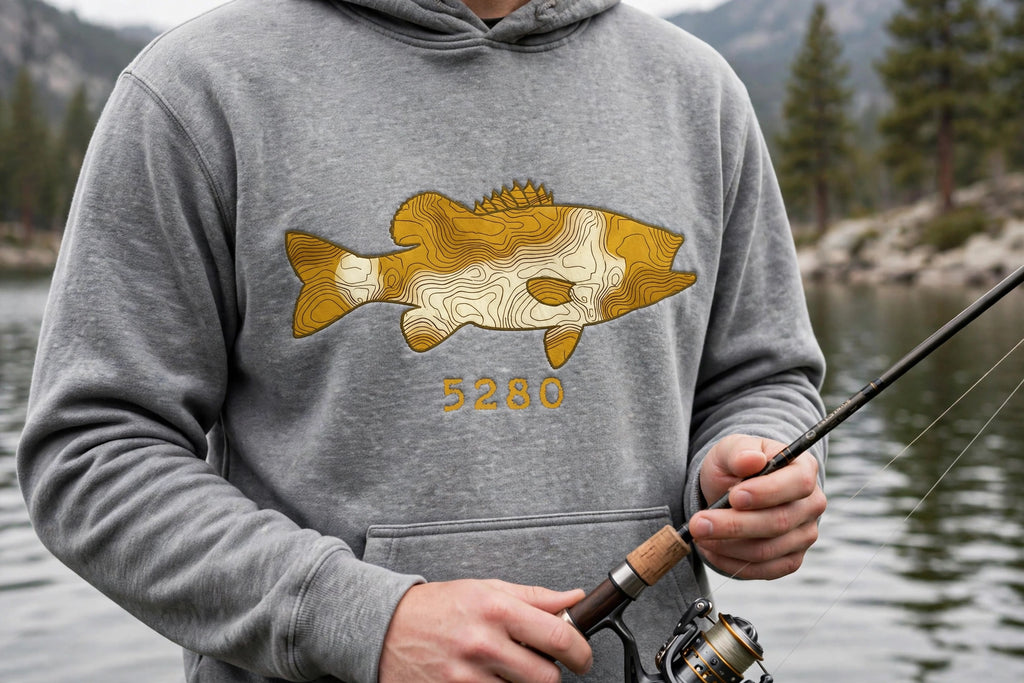 Topo Largemouth Bass hoodie worn — Gray (lake)