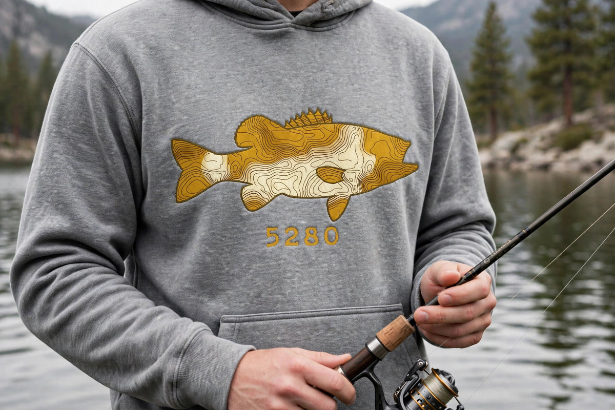 Topo Largemouth Bass hoodie worn — Gray (lake)