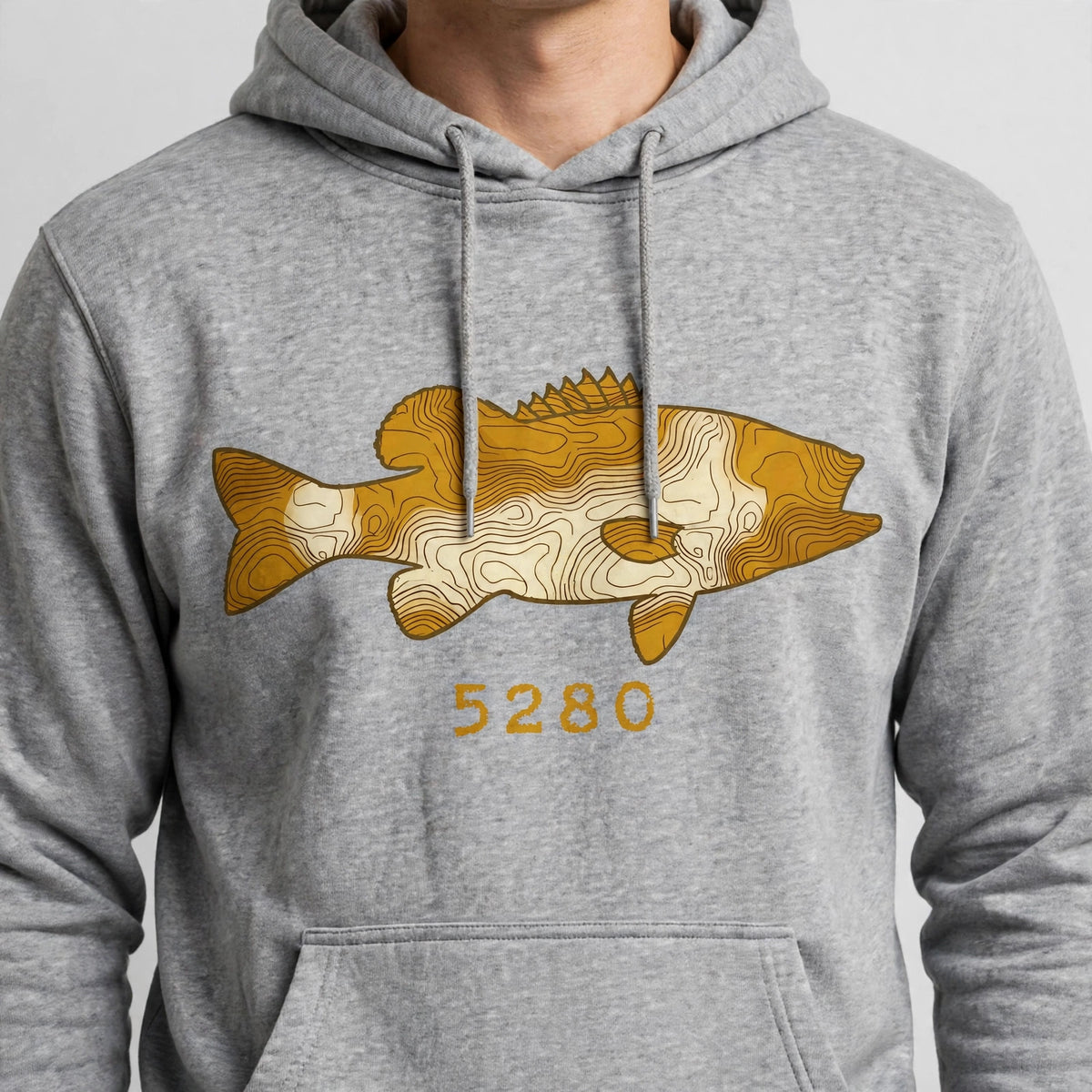 Topo Largemouth Bass hoodie worn — Gray (studio)