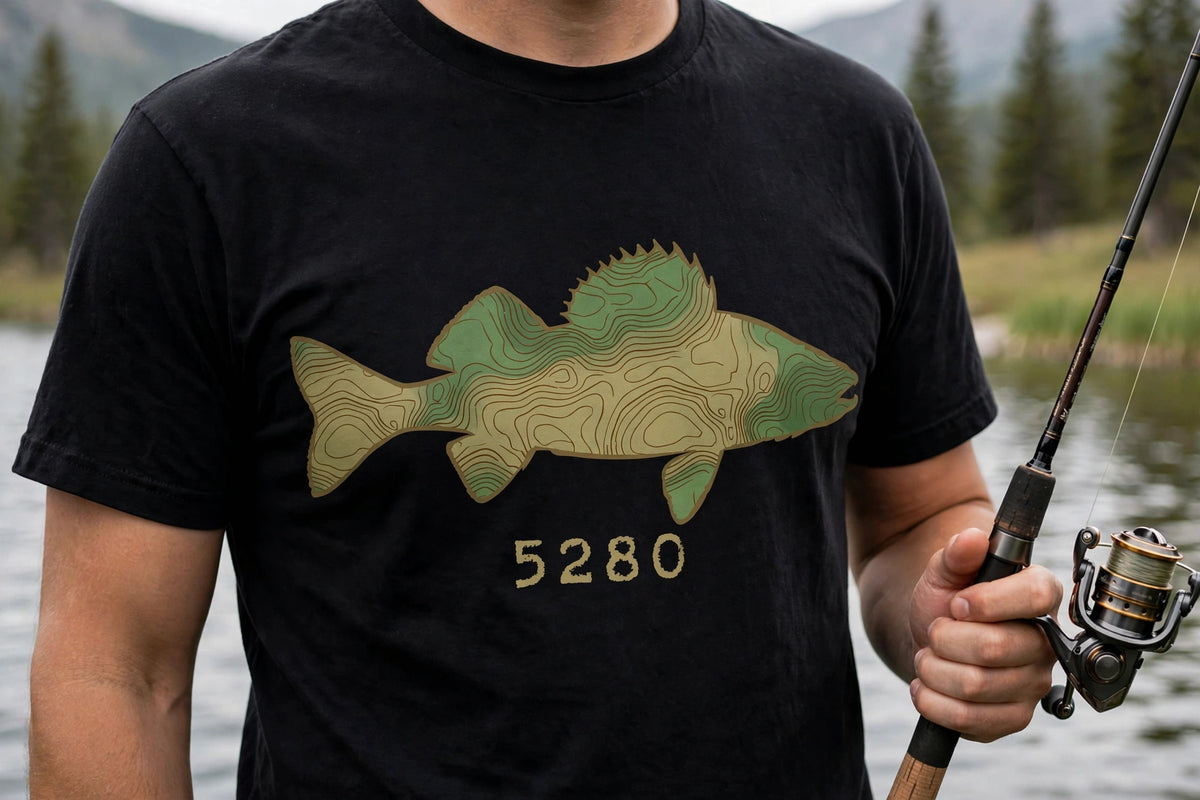 Topo Walleye tee worn, design close-up — Black shirt (lake)