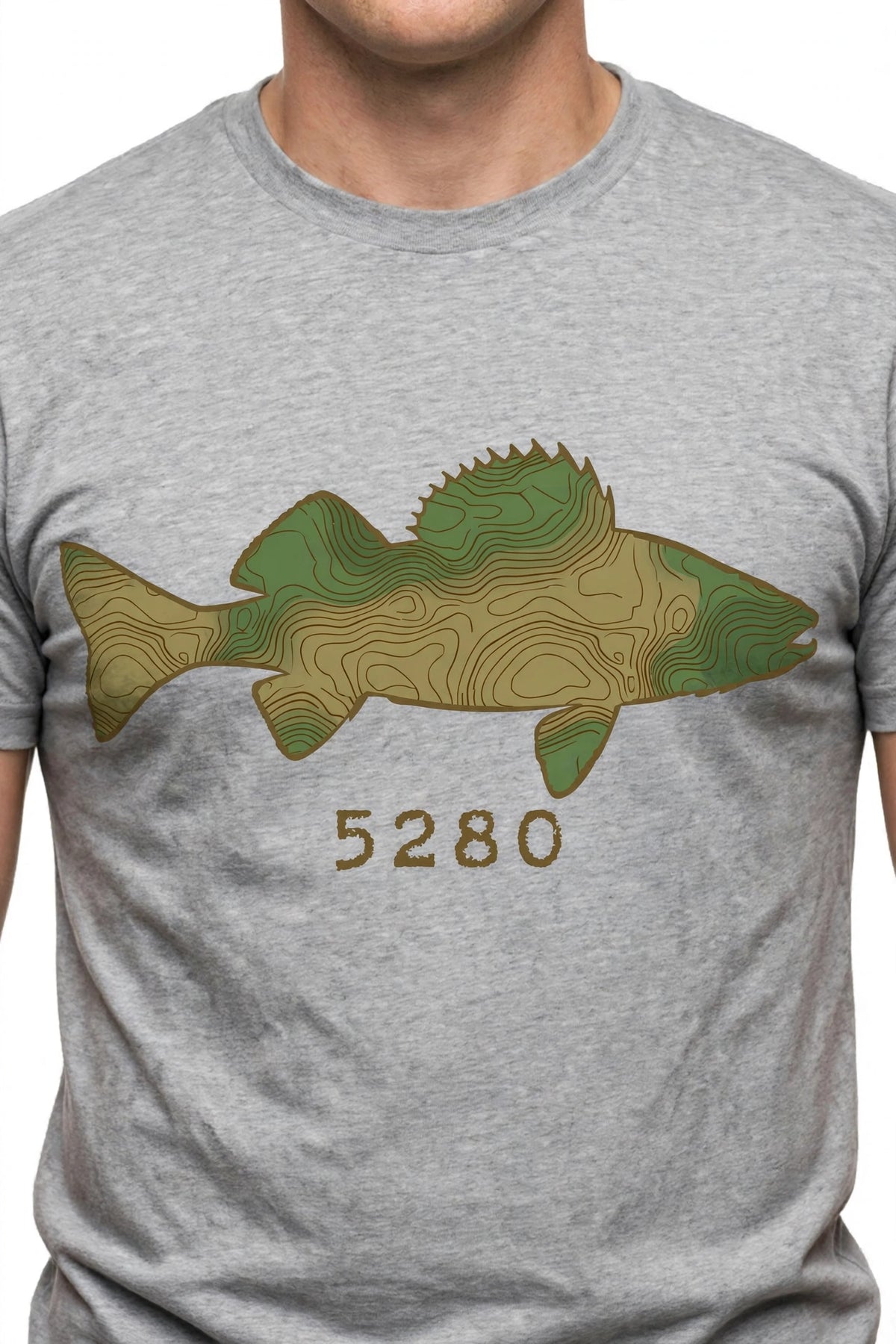 Topo Walleye tee worn — Heather Gray shirt (design focus)