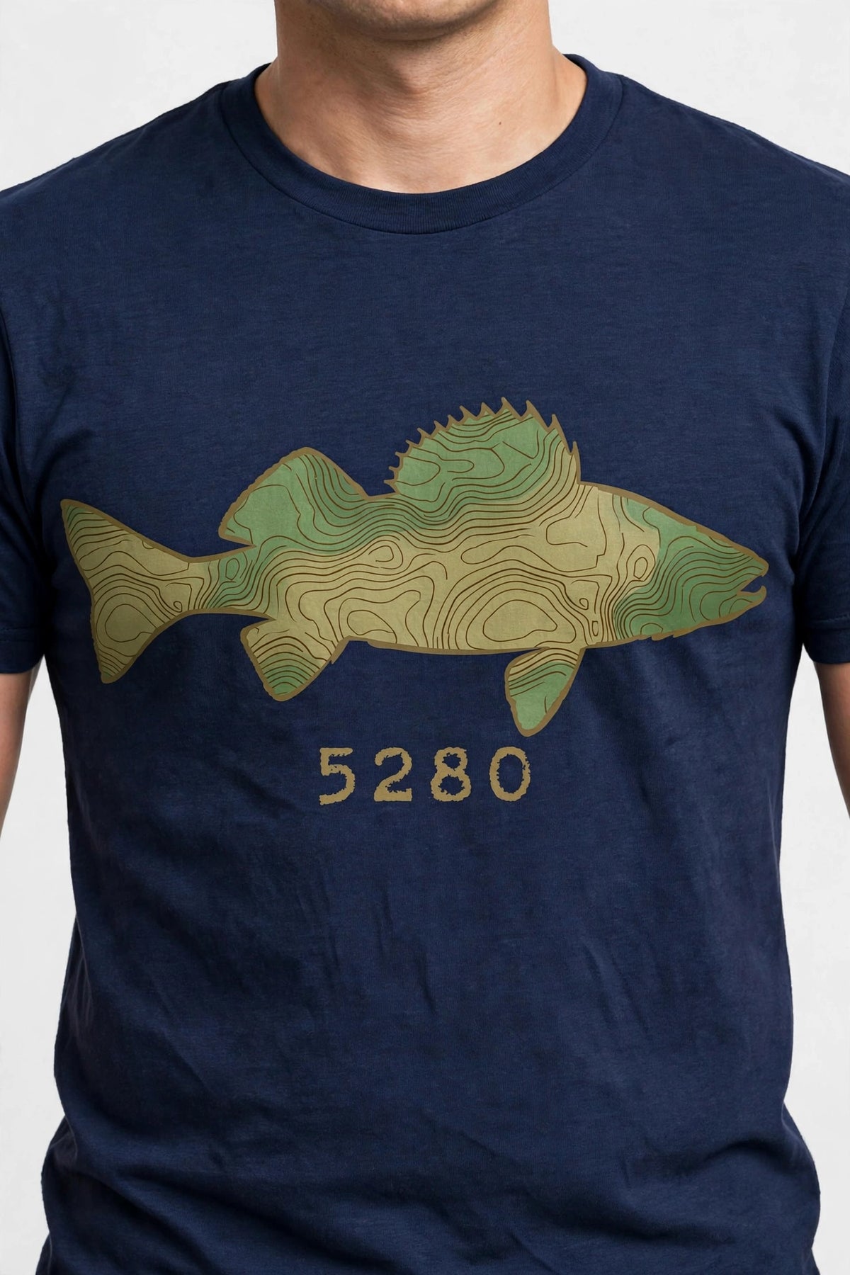 Topo Walleye tee worn — Navy shirt (design focus)