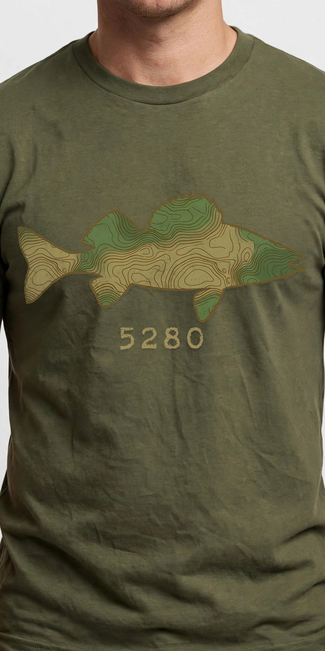 Topo Walleye tee worn — Olive shirt (design focus)