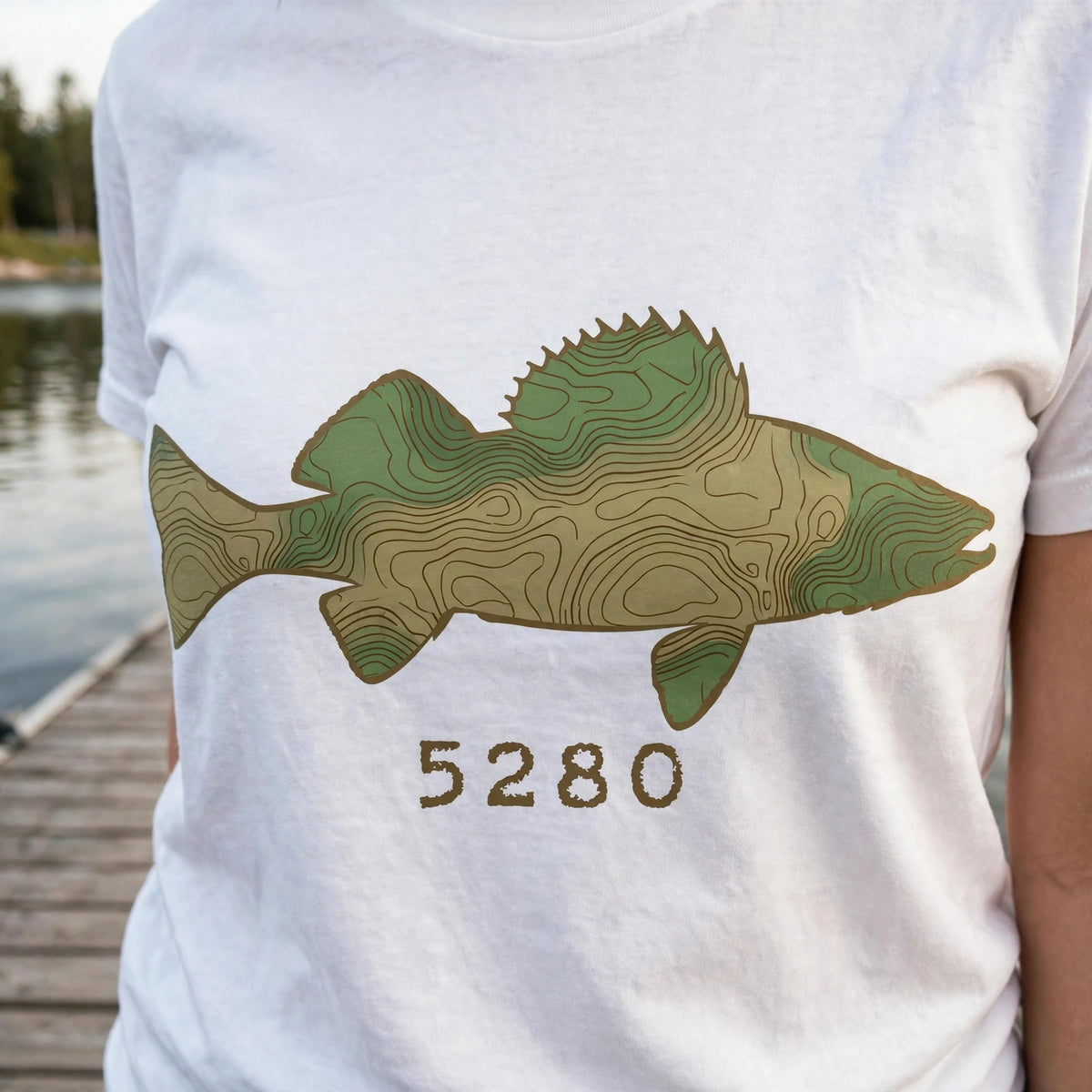 Topo Walleye tee worn, design close-up — White shirt (dock)
