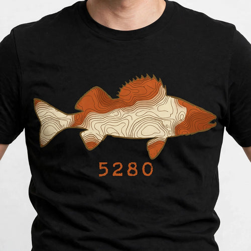 Topo Walleye tee worn — Black shirt (design focus)