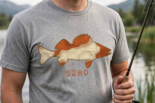 Topo Walleye tee worn, design close-up — Heather Gray shirt (lake)