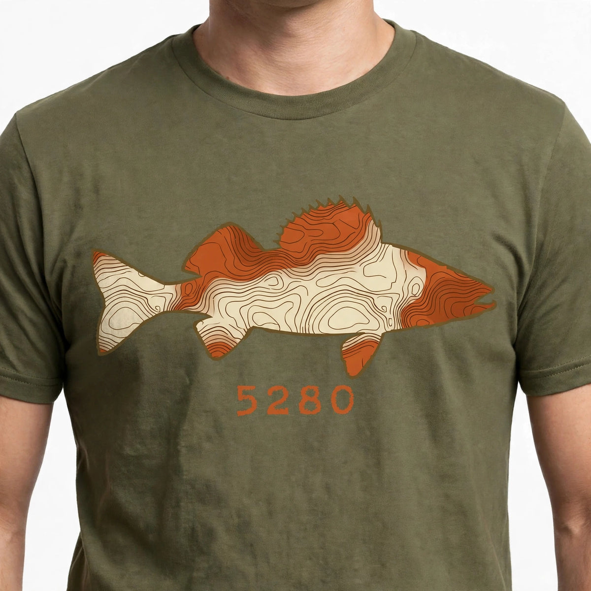 Topo Walleye tee worn — Olive shirt (design focus)