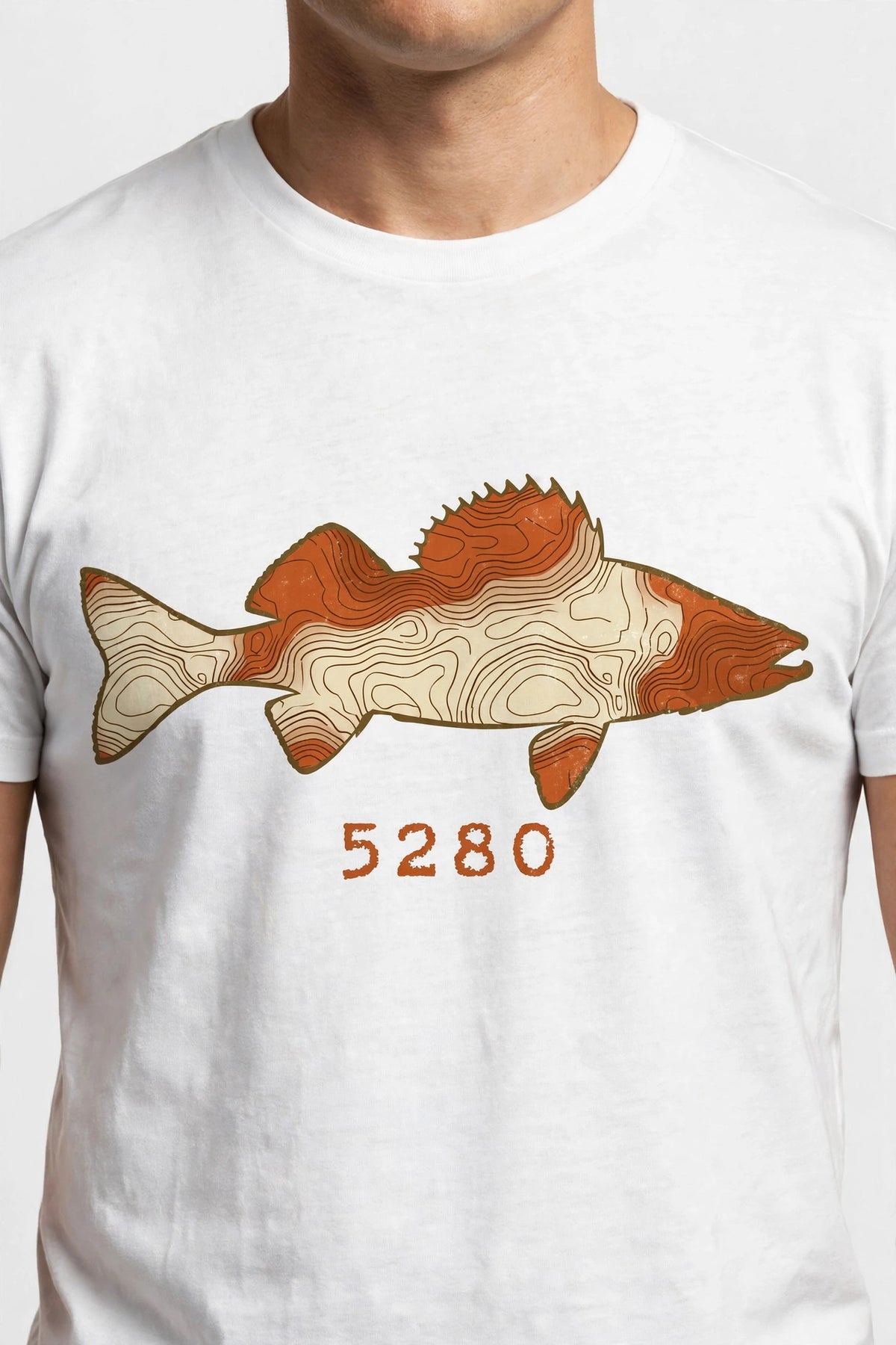 Topo Walleye tee worn — White shirt (design focus)