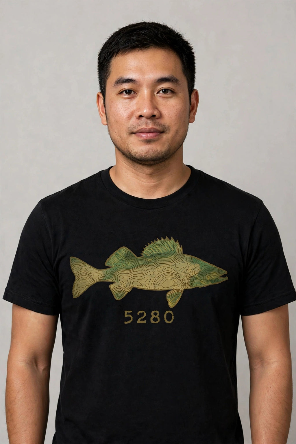 Topo Walleye tee worn — Black shirt