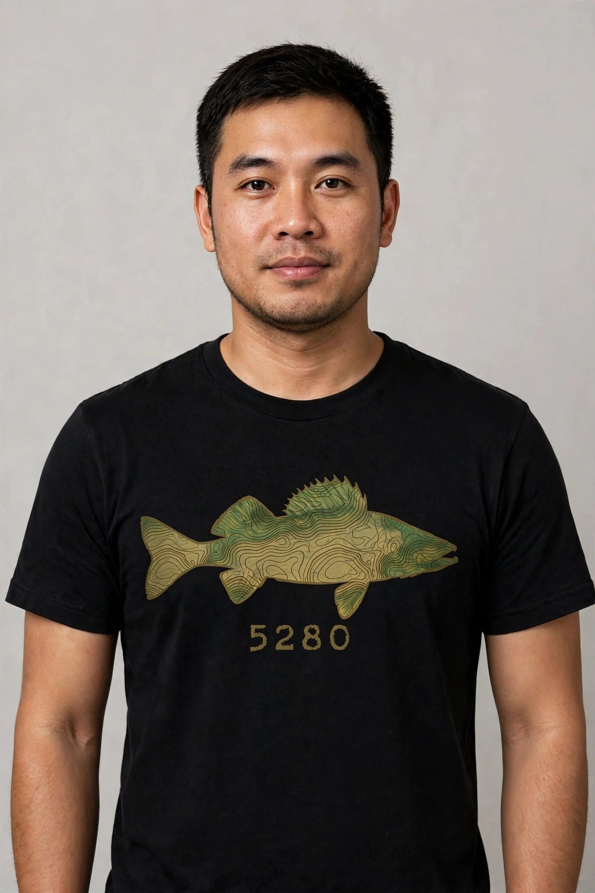 Topo Walleye tee worn — Black shirt