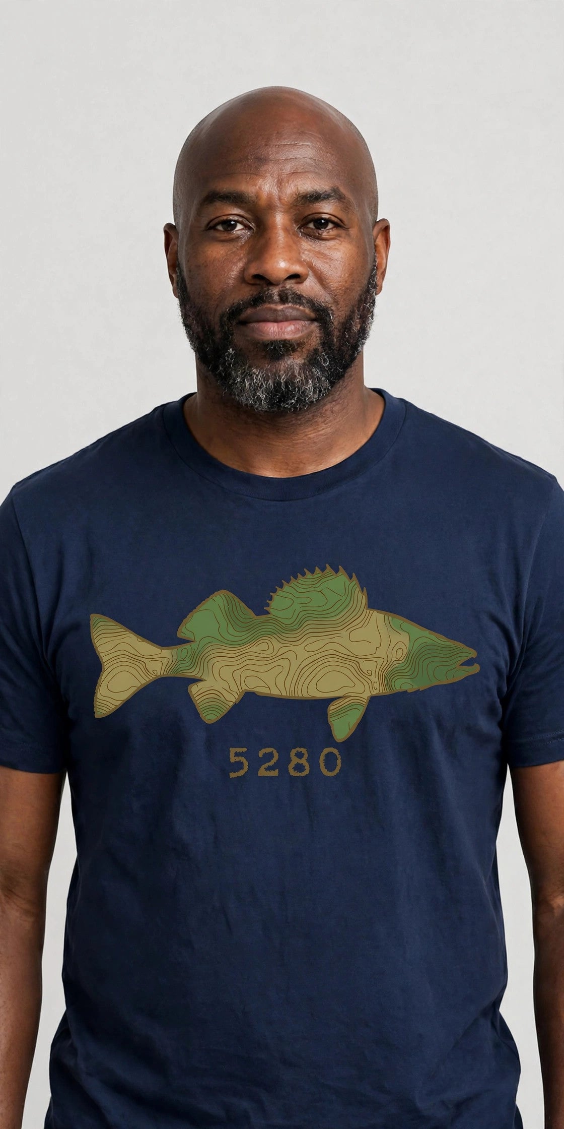 Topo Walleye tee worn — Navy shirt