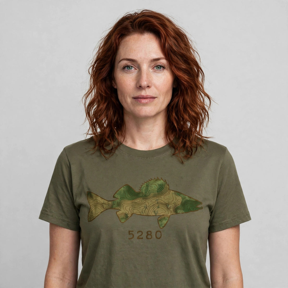 Topo Walleye tee worn — Olive shirt