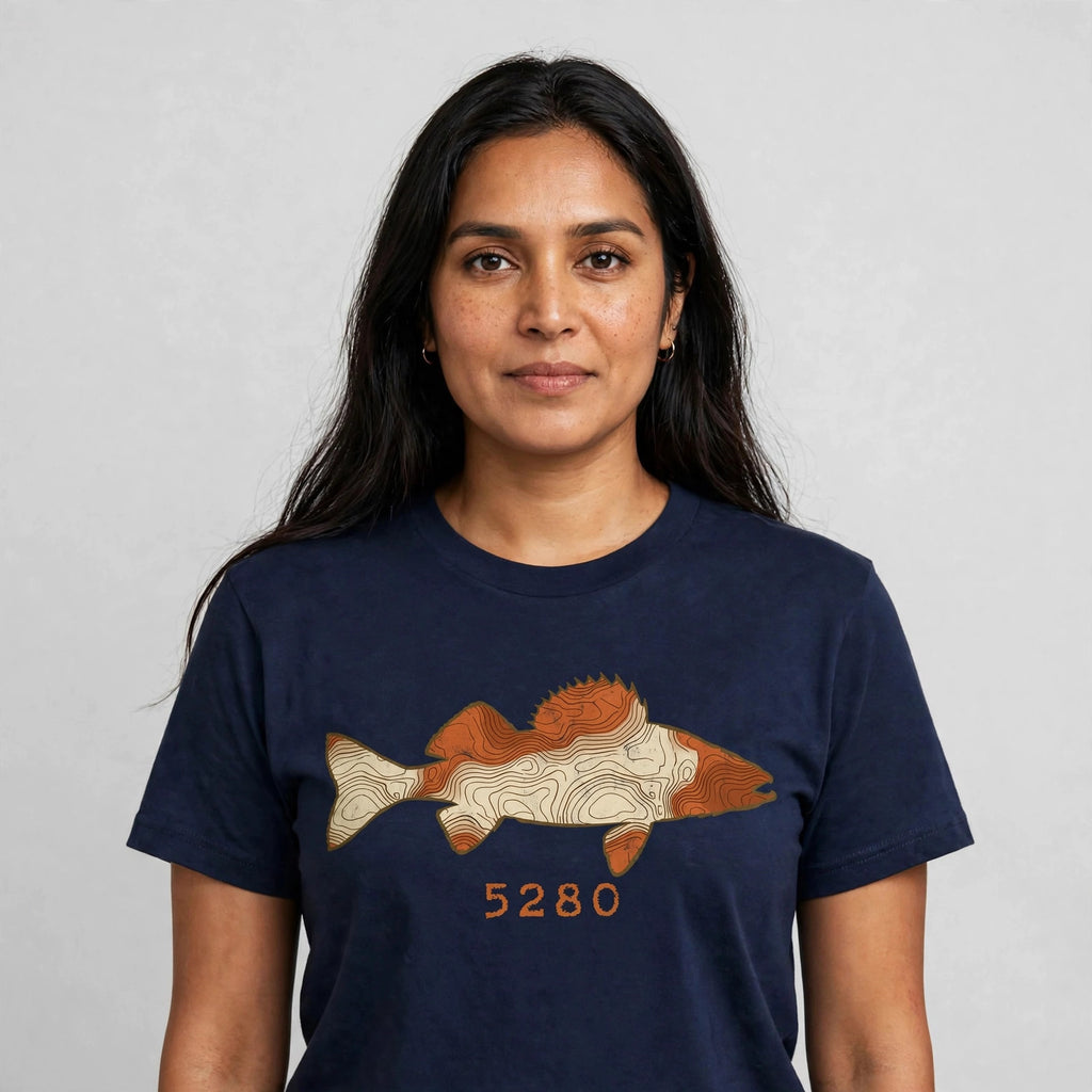 Topo Walleye tee worn — Navy shirt