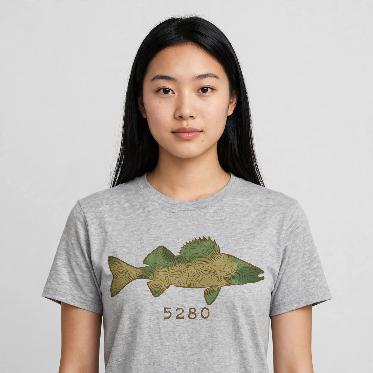 Topo Walleye tee worn — Heather Gray shirt