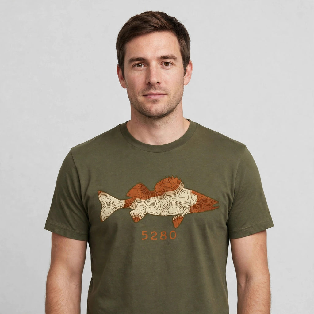 Topo Walleye tee worn — Olive shirt