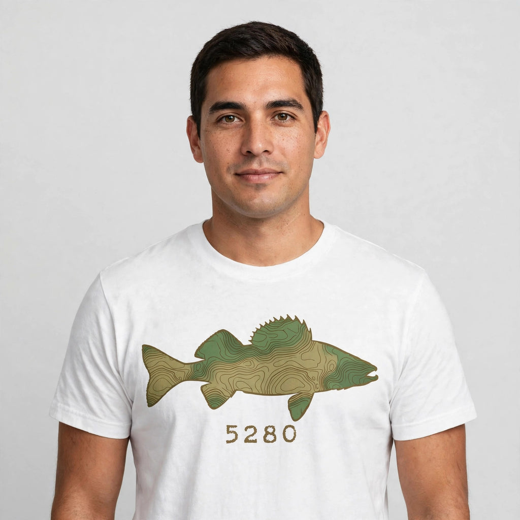 Topo Walleye tee worn — White shirt (men’s)